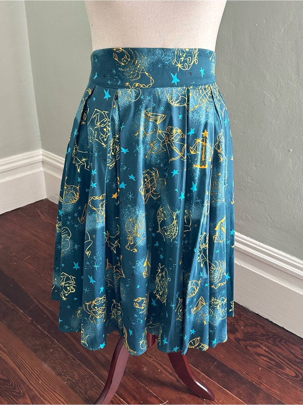 Laura Byrnes Pinup Couture Teal Zodiac-Print Circle Skirt with Gold Accents
